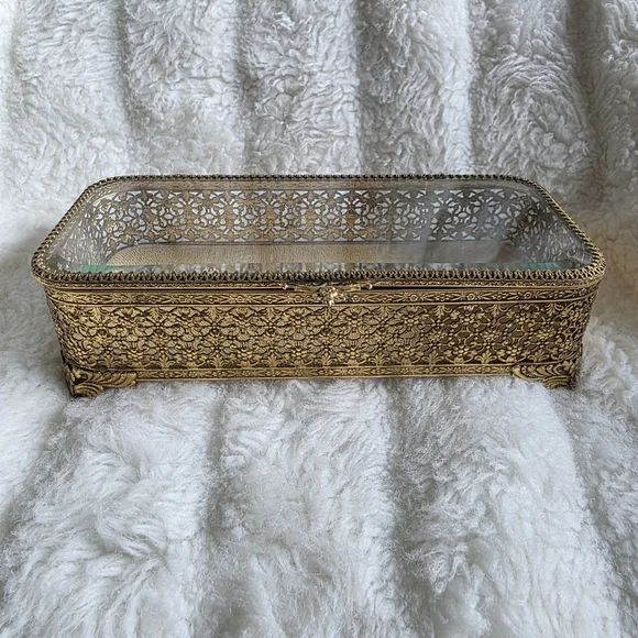 Vintage 24k Gold Plated Jewelry Box with Glass Cover.